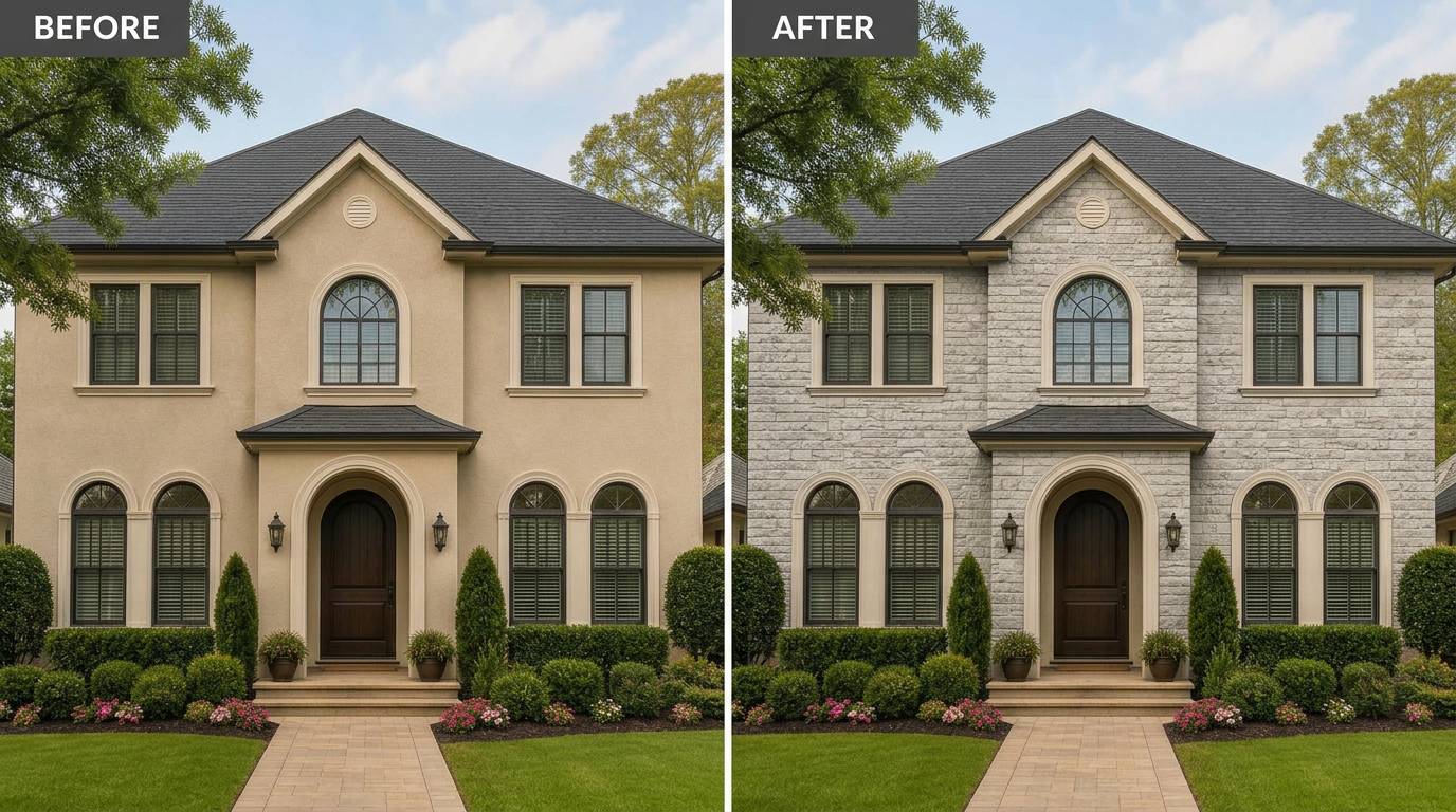 Before and after exterior transformation showing PU stone panel cladding on a residential home